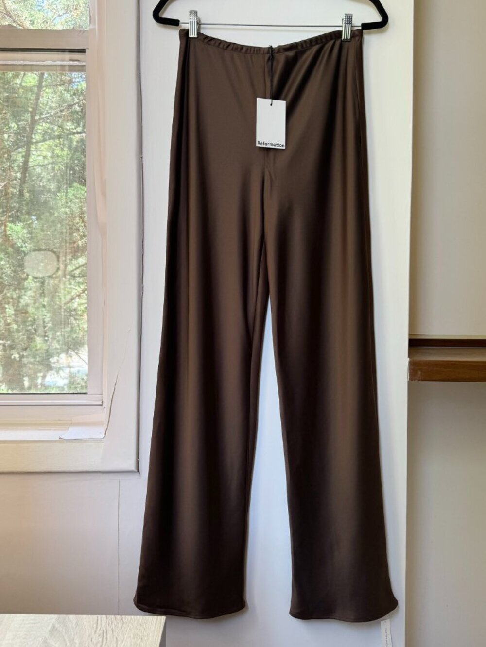 NWT Reformation Gale Satin Mid-Rise Bias Pants Medium Pinecone Brown